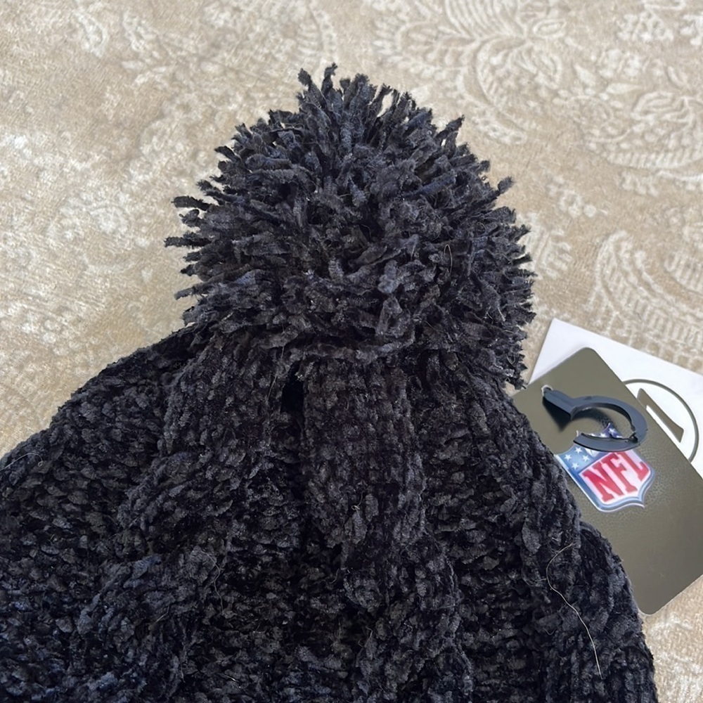 Brand New 47 Brand NFL Steelers Football Black Chenille Knit Cuffed Pom Hat - Picture 8 of 12